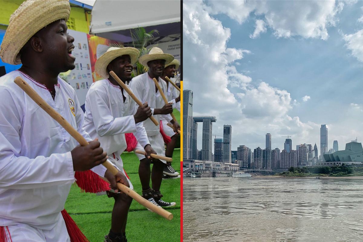 A split view of a Ugandan cultural dance performance and the Chongqing skyline, representing the friendship members join