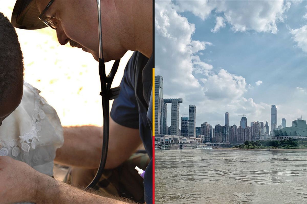 A split view of a health volunteer examining a child in Uganda and the Chongqing skyline